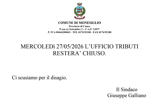 Ufficio Tributi chiuso mercoledì 27/05/2026